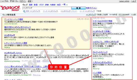 日本雅虎（Yahoo）搜索结果截图..左边4个广告位置，右边8个广告位置，都是客户可以推广的地方